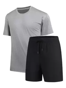 Manfinity Sport Corelite Hombres Camiseta Deportiva Sólida Y Pantalones Cortos Deportivos Con Cordón, Traje Atlético, Chándal - Multicolor - Ver 1