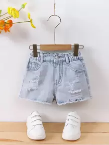 Toddler Girls Quần Shorts Denim Túi Hem thô Bị tách màu trơn - Rửa nhẹ - Xem 1