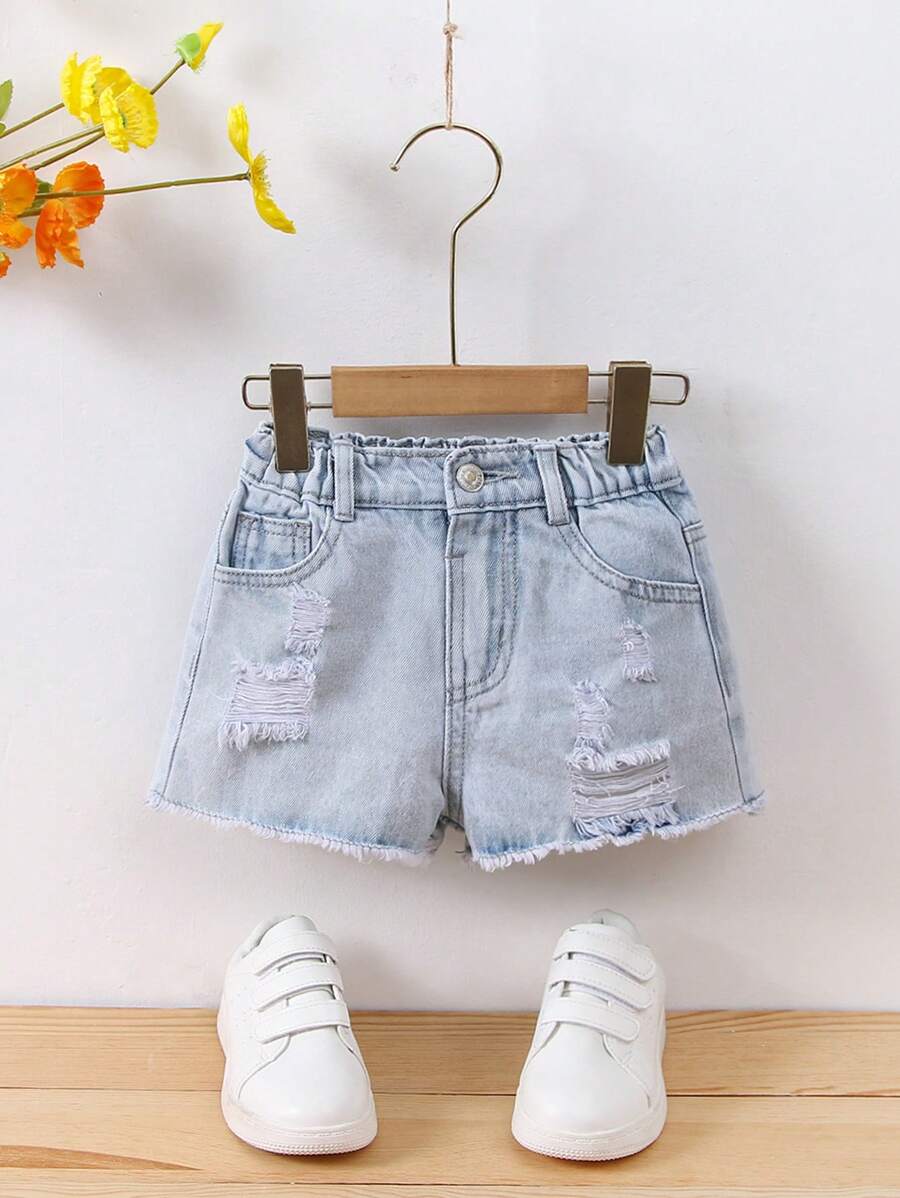 Toddler Girls Quần Shorts Denim Túi Hem thô Bị tách màu trơn - Rửa nhẹ - Xem 1