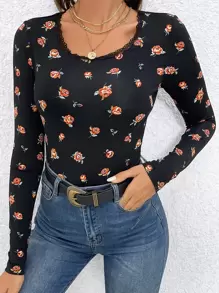 SHEIN Frenchy Áo thun nữ Tương phản ren Hoa Thanh lịch - màu đen - Xem 1