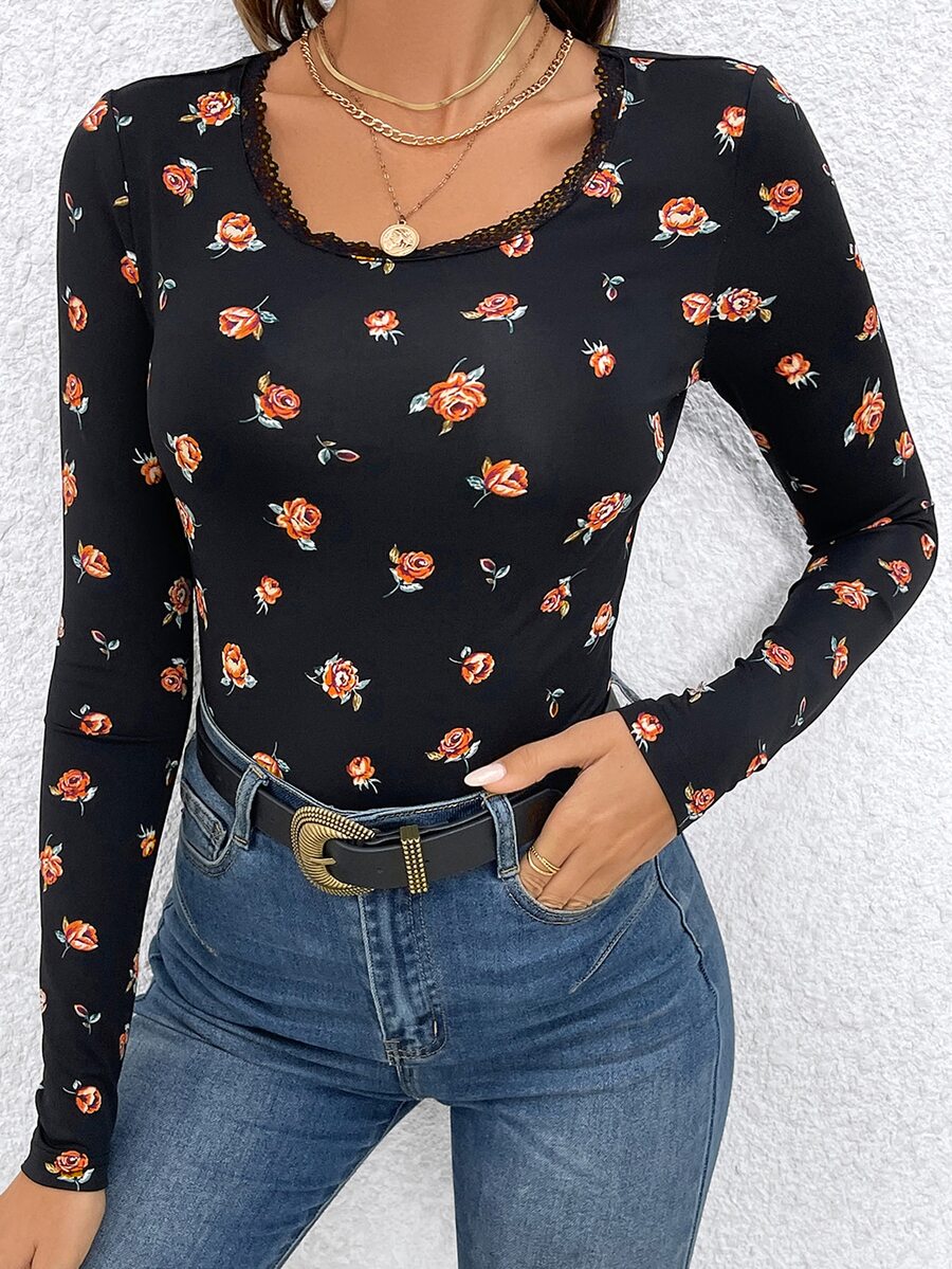 SHEIN Frenchy Áo thun nữ Tương phản ren Hoa Thanh lịch - màu đen - Xem 1