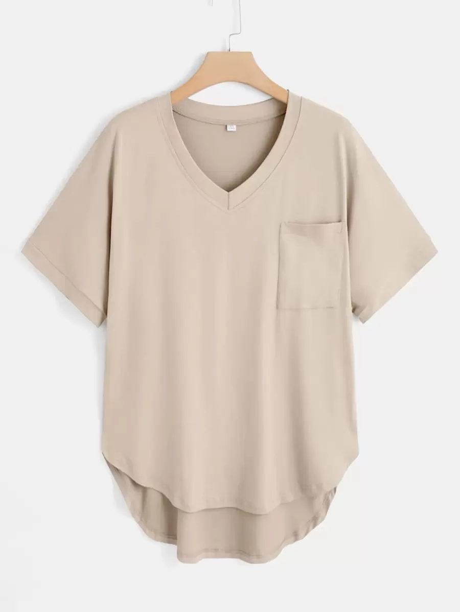 SHEIN LUNE Plus Dip Hem Pocket Tee - Apricot - View 1