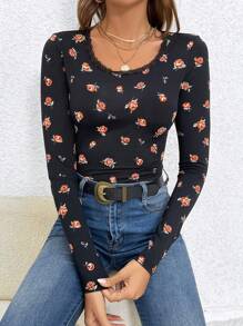 SHEIN Frenchy Áo thun nữ Tương phản ren Hoa Thanh lịch - màu đen - Xem 2