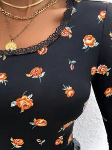 SHEIN Frenchy Áo thun nữ Tương phản ren Hoa Thanh lịch - màu đen - Xem 3