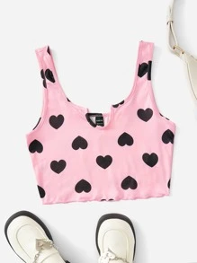 Muchica Heart Print Lettuce Trim Crop Tank Top - Baby Pink - View 1