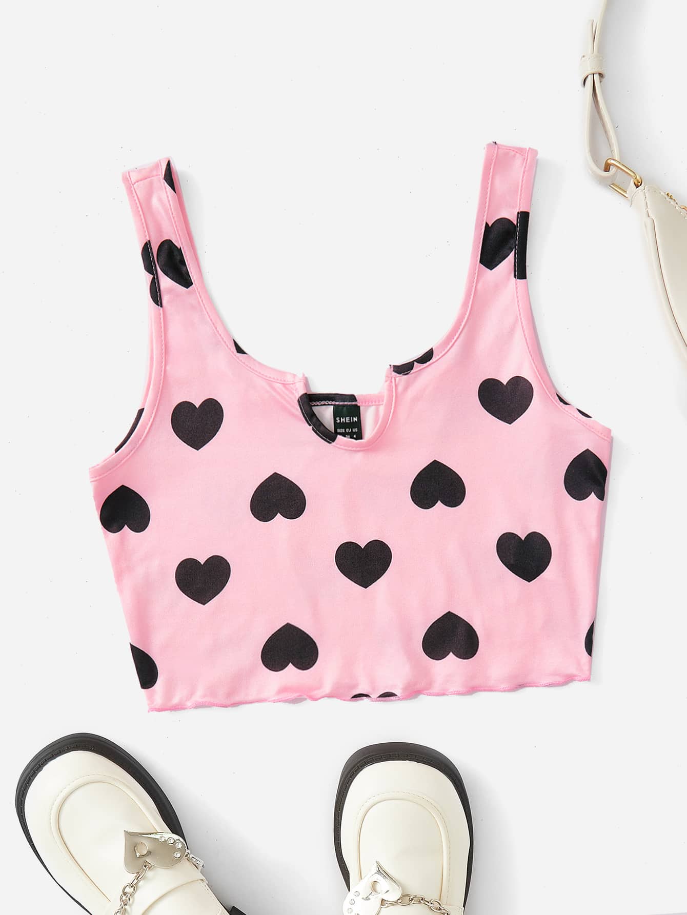 Muchica Heart Print Lettuce Trim Crop Tank Top - Baby Pink - View 1