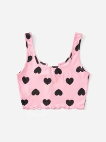 Muchica Heart Print Lettuce Trim Crop Tank Top - Baby Pink - View 2