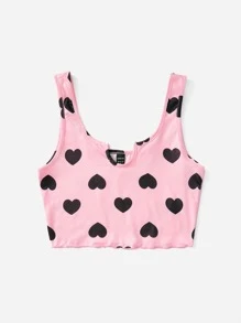 Muchica Heart Print Lettuce Trim Crop Tank Top - Baby Pink - View 3