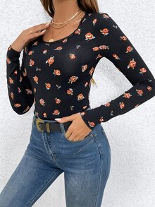 SHEIN Frenchy Áo thun nữ Tương phản ren Hoa Thanh lịch - màu đen - Xem 4