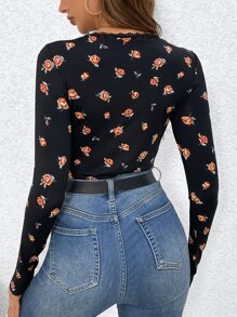 SHEIN Frenchy Áo thun nữ Tương phản ren Hoa Thanh lịch - màu đen - Xem 5