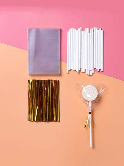 100pcs Lollipop Bag & 100pcs Stick & 100pcs Twist Tie, Simple Plastic Candy Chocolate Wrapping Bag For Baking School Supplies Food Bag Food Box Suitable For Candy Chocolate Cookies Etc.