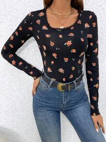 SHEIN Frenchy Áo thun nữ Tương phản ren Hoa Thanh lịch - màu đen - Xem 6