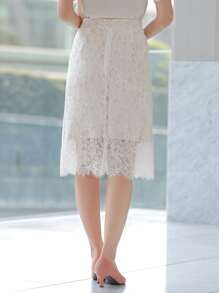 DAZY 蕾絲覆蓋直筒半身裙 - 白色 - 查看 10