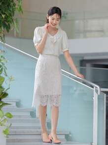 DAZY 蕾絲覆蓋直筒半身裙 - 白色 - 查看 12