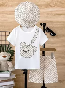 SHEIN 小男童卡通圖案T恤和短褲