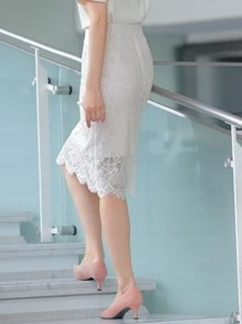 DAZY 蕾絲覆蓋直筒半身裙 - 白色 - 查看 14