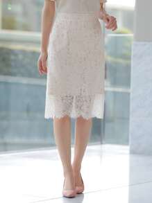 DAZY 蕾絲覆蓋直筒半身裙 - 白色 - 查看 16