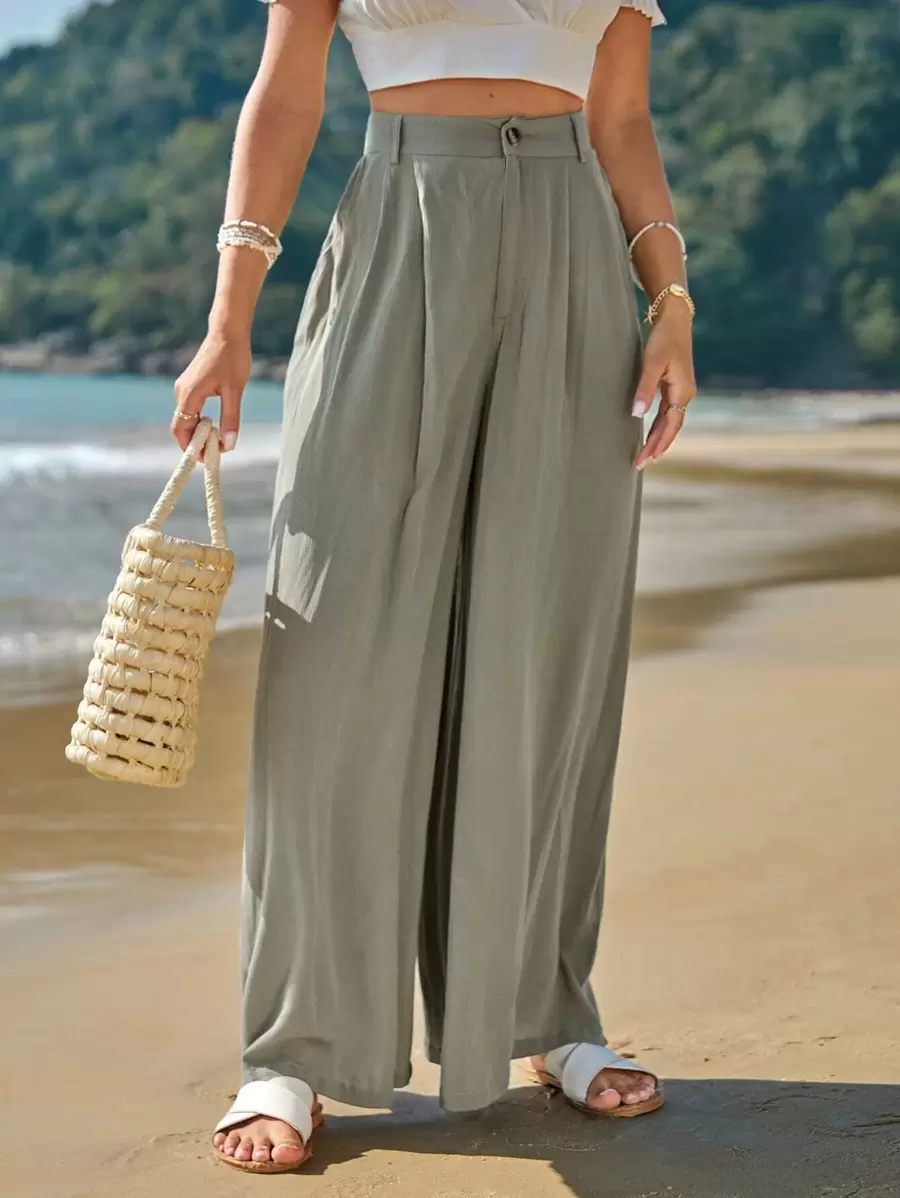 SHEIN Frenchy Quần ống rộng đơn giản, màu trơn, cạp cao, xếp ly, thoải mái đi làm hàng ngày dành cho nữ - xanh quân đội - Xem 1