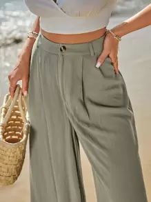 SHEIN Frenchy Quần ống rộng đơn giản, màu trơn, cạp cao, xếp ly, thoải mái đi làm hàng ngày dành cho nữ - xanh quân đội - Xem 2