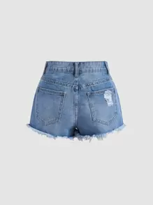 SHEIN ICON 拼接流蘇細節毛邊牛仔短褲 - 中等水洗藍 - 查看 2