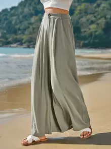 SHEIN Frenchy Quần ống rộng đơn giản, màu trơn, cạp cao, xếp ly, thoải mái đi làm hàng ngày dành cho nữ - xanh quân đội - Xem 3