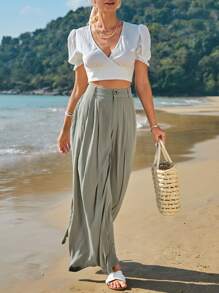 SHEIN Frenchy Quần ống rộng đơn giản, màu trơn, cạp cao, xếp ly, thoải mái đi làm hàng ngày dành cho nữ - xanh quân đội - Xem 5