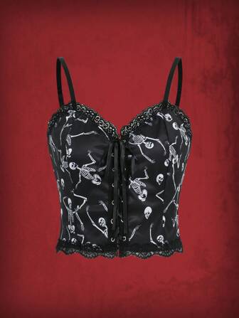 Grunge Punk Top de tirantes estampado de cráneo ribete con encaje