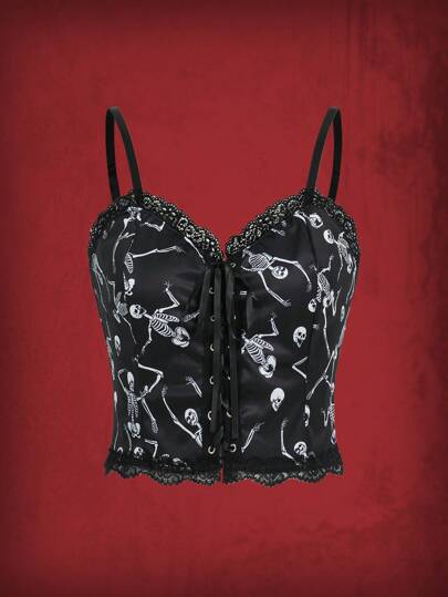 Grunge Punk Top À Fines Brides Imprimé Tête De Mort Ourlet En Dentelle