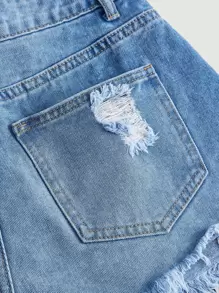 SHEIN ICON 拼接流蘇細節毛邊牛仔短褲 - 中等水洗藍 - 查看 4