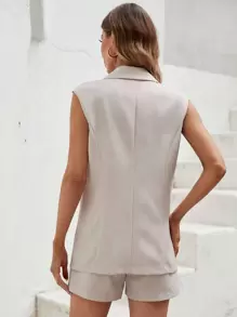 SHEIN LUNE Button Front Vest Blazer & Shorts Without Cami Top - Apricot - View 2