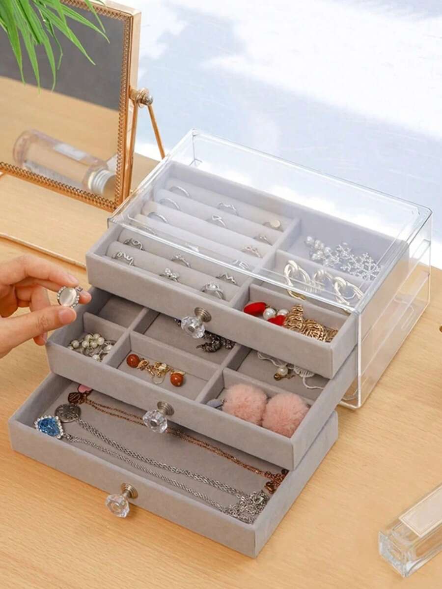 1pc PS Jewelry Storage Box, Multi-grid Grey Jewelry Organizer Storage Case For Home - Grey - View 1