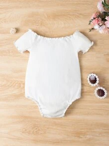 SHEIN Bodysuits Em bé Nút Xù nhỏ Gân đan màu trơn - trắng - Xem 2