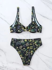 SHEIN Swim Floral Print Bikini Set Smocked Adjustable Strap Underwire Bra & High Waisted Bottom 2 Piece Bathing Suit - Multicolor - View 6