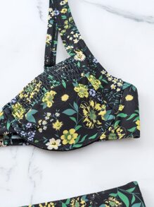 SHEIN Swim Floral Print Bikini Set Smocked Adjustable Strap Underwire Bra & High Waisted Bottom 2 Piece Bathing Suit - Multicolor - View 4