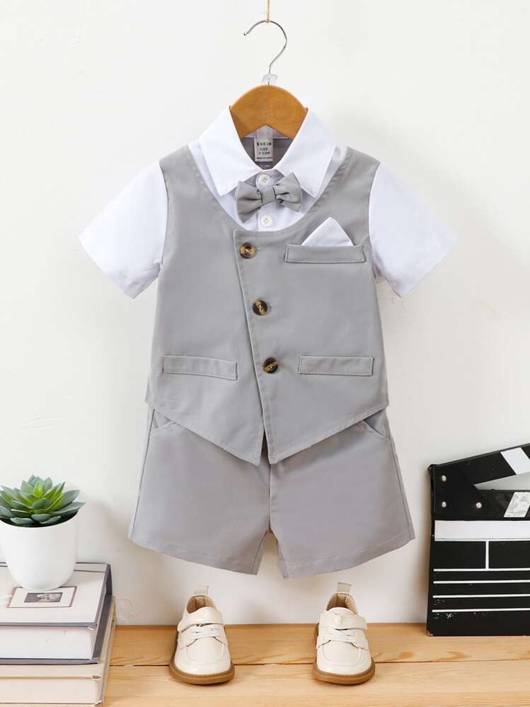 Bebé niño Camisa 2 en 1 con lazo delantero & Shorts - Gris - Ver 1