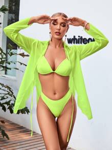 Tie Front Curved Hem Kimono - Lime Green - View 3