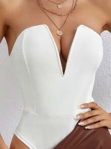 SHEIN PETITE Solid V-bar Tube Bodysuit - White - View 6