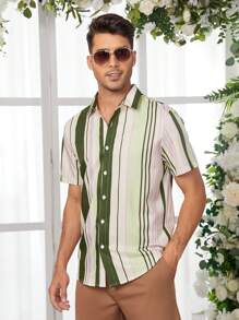 Manfinity Hombres Camisa con estampado de rayas con botón delantero - Multicolor - Ver 1