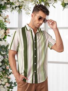 Manfinity Hombres Camisa con estampado de rayas con botón delantero - Multicolor - Ver 2