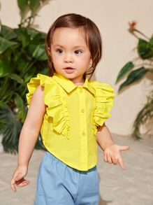 SHEIN Baby Girl Ruffle Trim Button Front Crop Blouse - Yellow - View 9