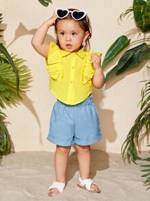 SHEIN Baby Girl Ruffle Trim Button Front Crop Blouse - Yellow - View 8