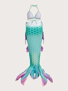 Plus Size Fish Scales Print Halter Triangle Bikini Set With Beach Skirt Summer Beach - Green - View 2