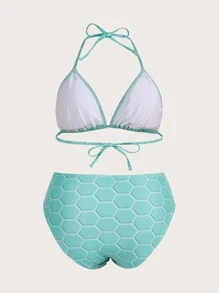 Plus Size Fish Scales Print Halter Triangle Bikini Set With Beach Skirt Summer Beach - Green - View 3