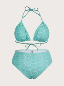 Plus Size Fish Scales Print Halter Triangle Bikini Set With Beach Skirt Summer Beach - Green - View 4