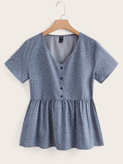 Plus Polka Dot Button Half Peplum Blouse