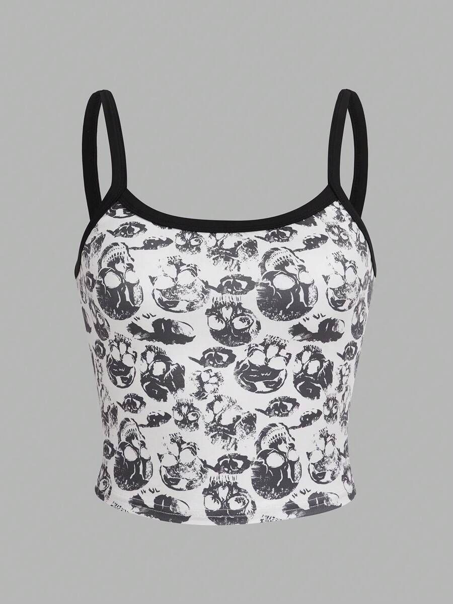 SHEIN EZwear Áo khoác và áo lót dành cho xe tăng nữ Tương phản ràng buộc Lễ Các Thánh Tất cả trên in Giải trí - Đen và trắng - Xem 1