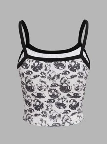 SHEIN EZwear Áo khoác và áo lót dành cho xe tăng nữ Tương phản ràng buộc Lễ Các Thánh Tất cả trên in Giải trí - Đen và trắng - Xem 2
