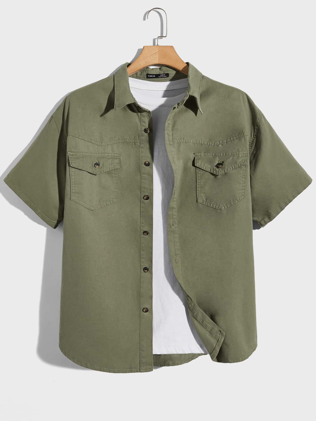 Manfinity VCAY Men Flap Pocket Button Front Denim Shirt Without Tee - Army Green - View 1