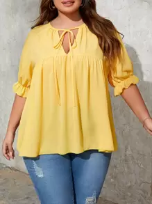 SHEIN VCAY Plus Solid Puff Sleeve Tie Neck Blouse - Yellow - View 1