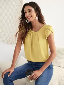 SHEIN Clasi 花瓣袖折疊百褶上衣 - 黃色 - 查看 1